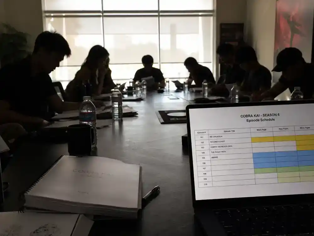 Cobra Kai cast and karate kid timeline guide young cast — ensemble silhouettes during table read in conference room with scripts and production laptop