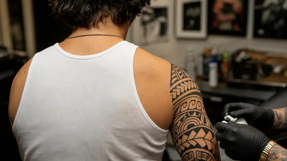 Colin Farrell tattoos and their meanings — Irish actor seen from behind in tattoo studio with tribal arm ink and wrist script visible