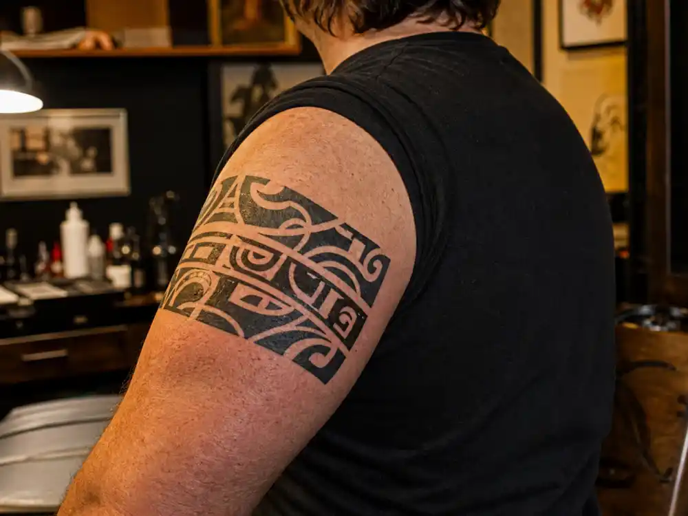 Colin Farrell tattoos and their meanings — close-up of tribal Tahitian band tattoo on right upper arm
