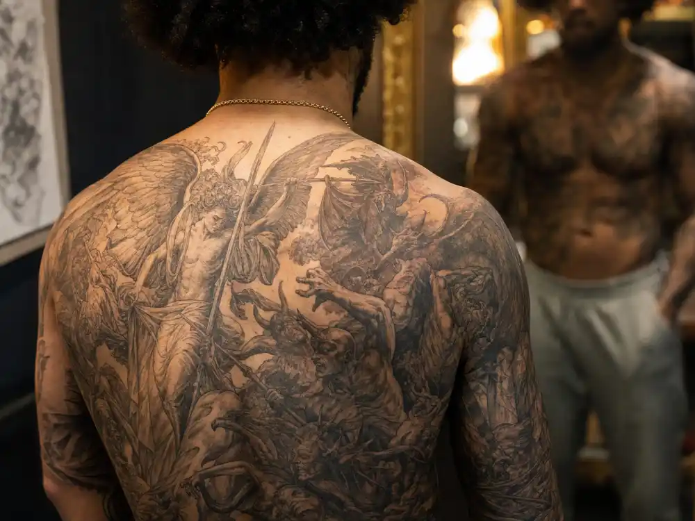 Colin Kaepernick tattoos and their meanings — close-up of angels and demons battle mural across upper back in tattoo studio mirror