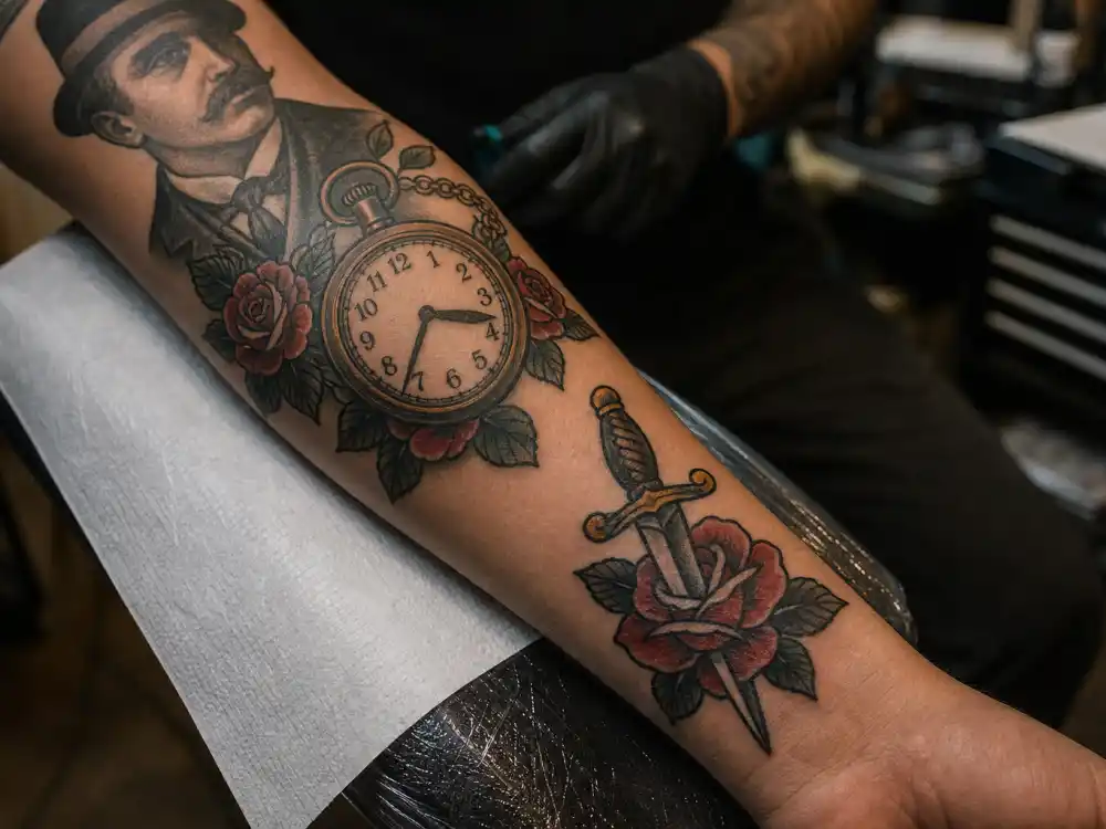 Conor McGregor tattoos and their meanings — dagger through rose and pocket watch forearm tattoos in studio session