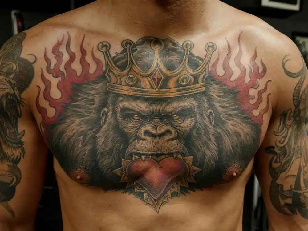 Conor McGregor tattoos and their meanings — crowned silverback gorilla eating heart chest tattoo close-up in gym mirror