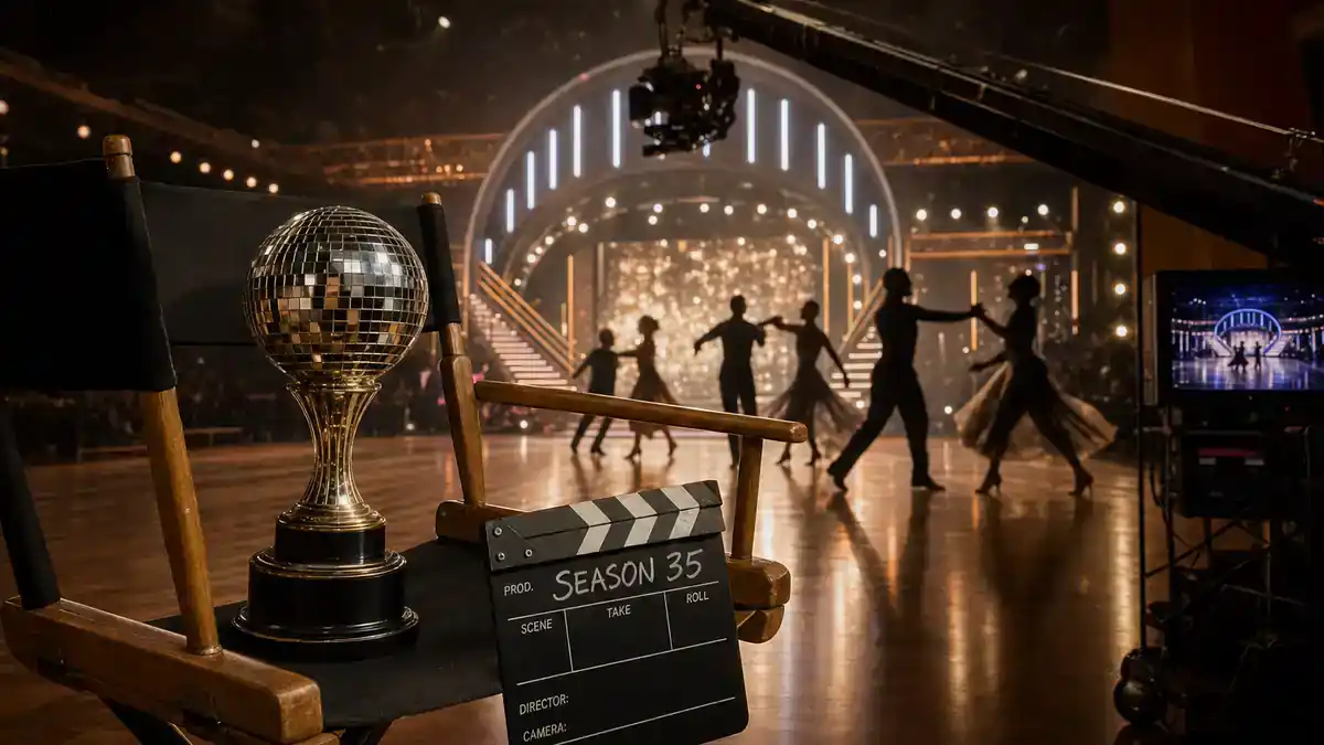 Dancing with the Stars 2026 cast guide — ballroom TV competition film set with mirrorball trophy clapperboard and dancer silhouettes rehearsing under studio lights