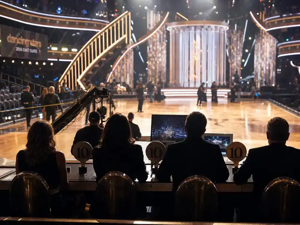 Dancing with the Stars 2026 cast guide hosts and judges — presenter silhouettes from behind at competition judges table with score paddles and ballroom stage