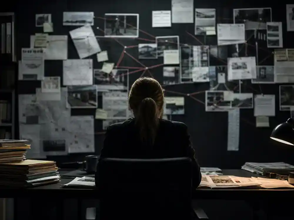 Dark Netflix cast and timeline explained Charlotte Doppler — police officer actor silhouette from behind at desk with case files and timeline string board on German TV set