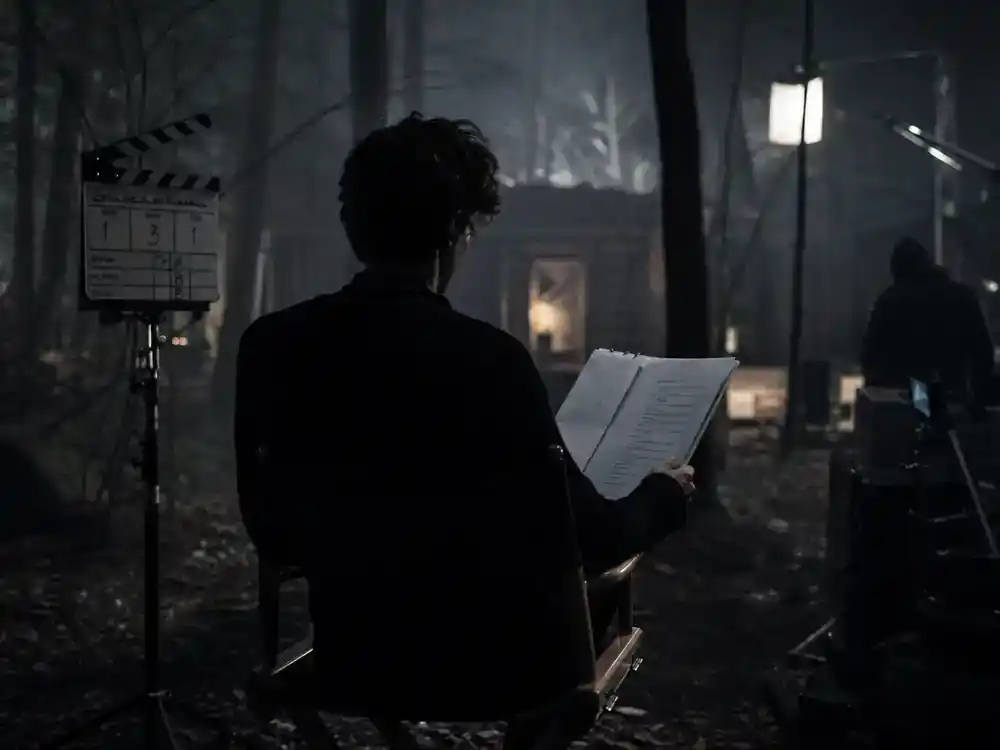 Dark Netflix cast and timeline explained Jonas Kahnwald — young lead actor silhouette from behind on director chair reviewing script on moody German TV mystery soundstage