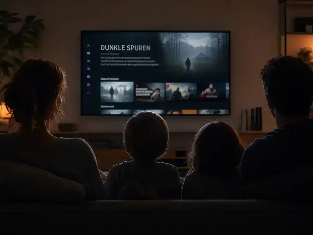 Dark Netflix cast and timeline explained streaming — family silhouettes watching German mystery TV on living room screen with generic blurred streaming interface