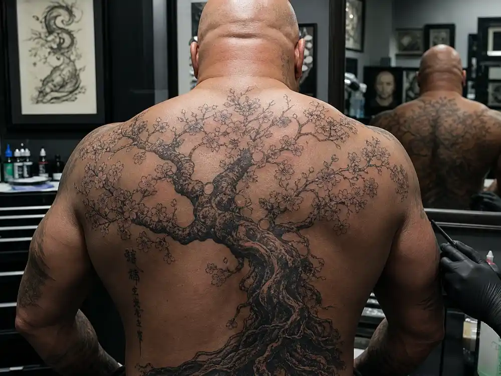 Dave Bautista tattoos and their meanings — cherry blossom tree back tattoo with winding roots close-up in studio mirror session