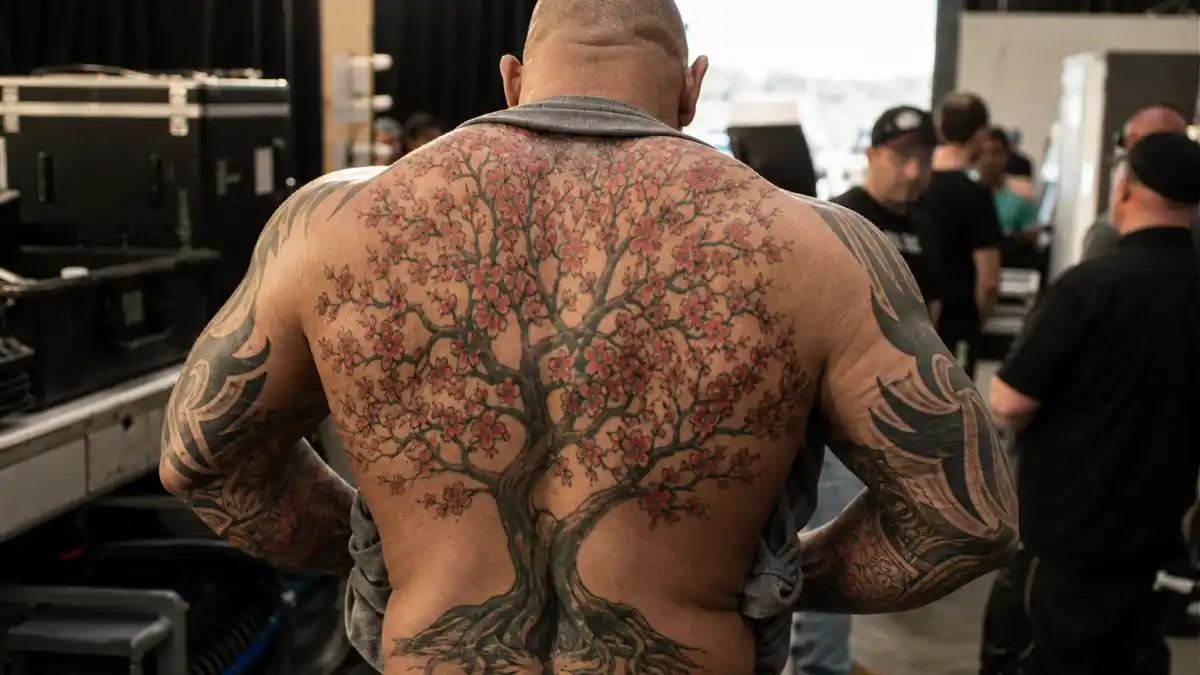 Dave Bautista tattoos and their meanings — muscular actor seen from behind on film set with cherry blossom back tattoo and chest Eye of Providence ink visible