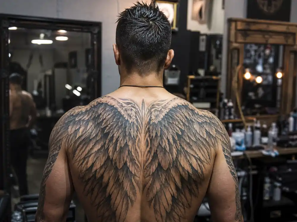 David Beckham tattoos and their meanings angel wings back — massive black-grey wing tattoo spanning upper back in tattoo studio from behind