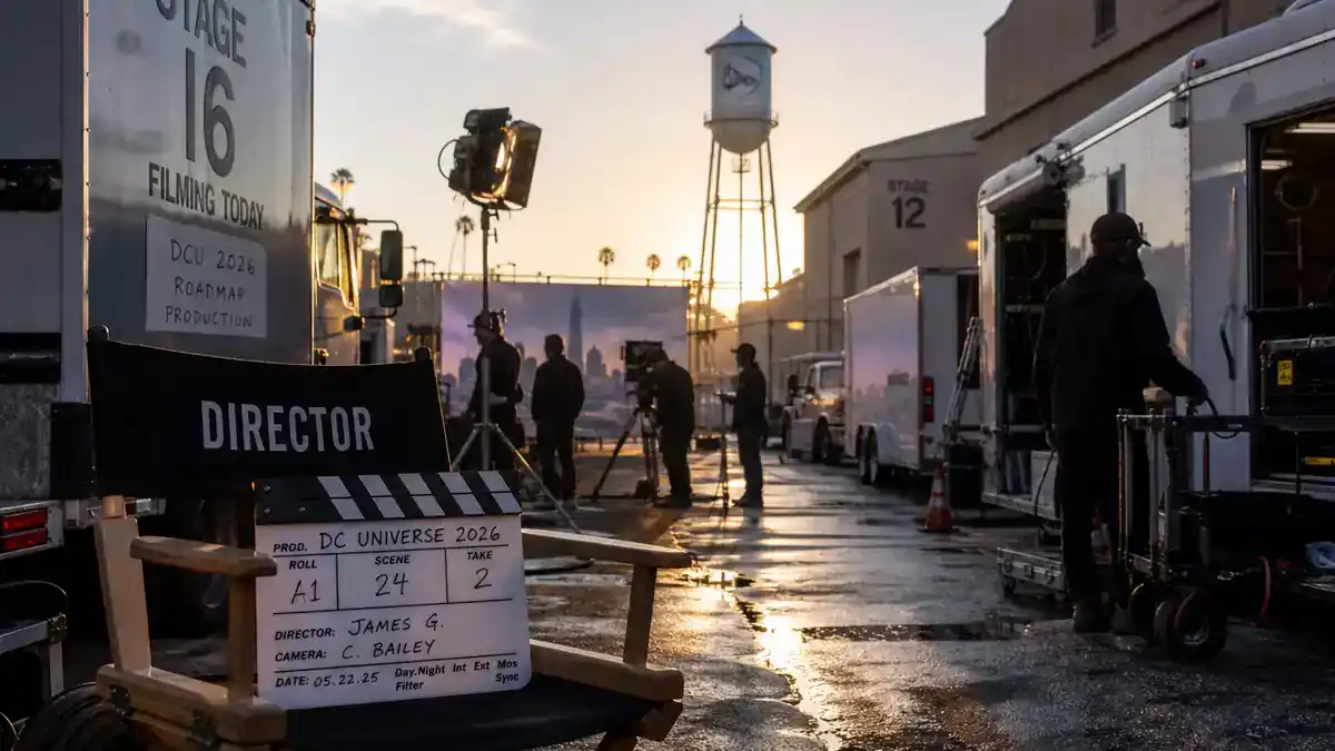 DC Universe 2026 movies and cast roadmap — Hollywood film studio backlot at dawn with production trucks, clapperboard, and crew silhouettes, editorial production reference