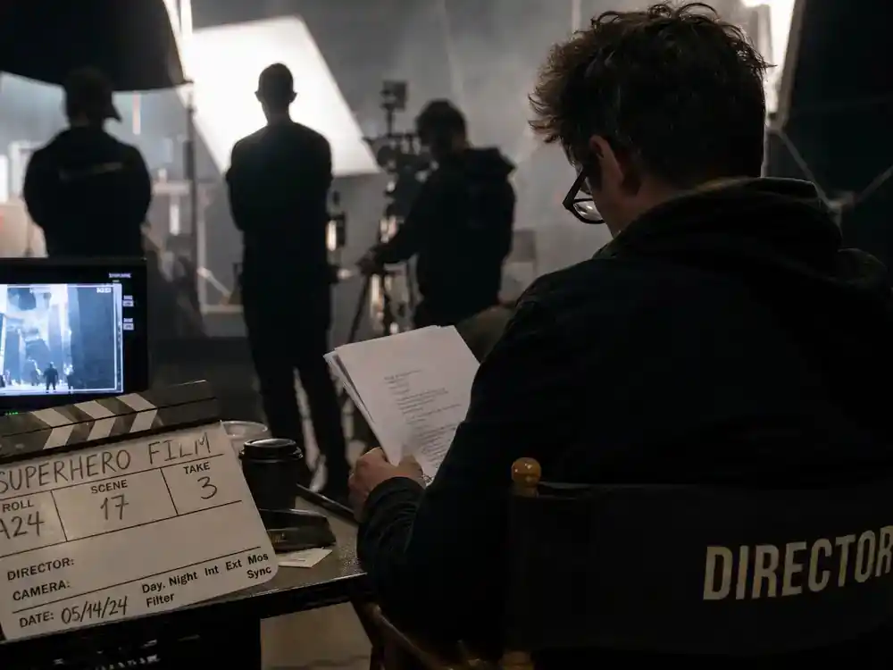 DC Universe 2026 movies and cast roadmap James Gunn slate — director reviewing script on soundstage with clapperboard and crew silhouettes, faces turned away