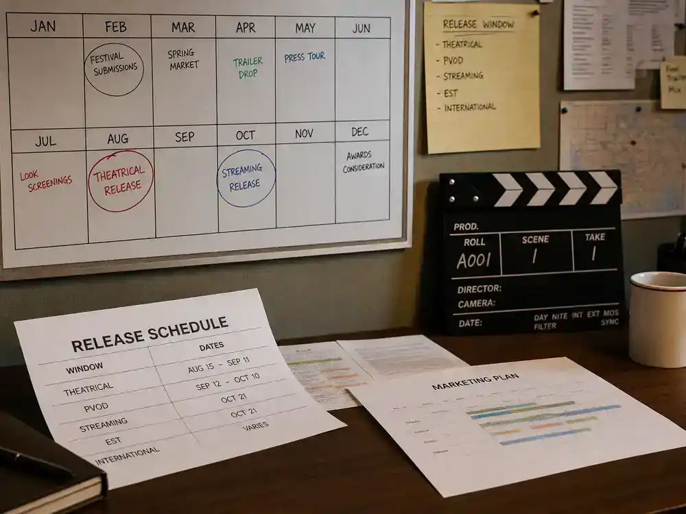 DC Universe 2026 movies and cast roadmap release calendar — production office calendar with circled months, clapperboard and schedule printouts on desk
