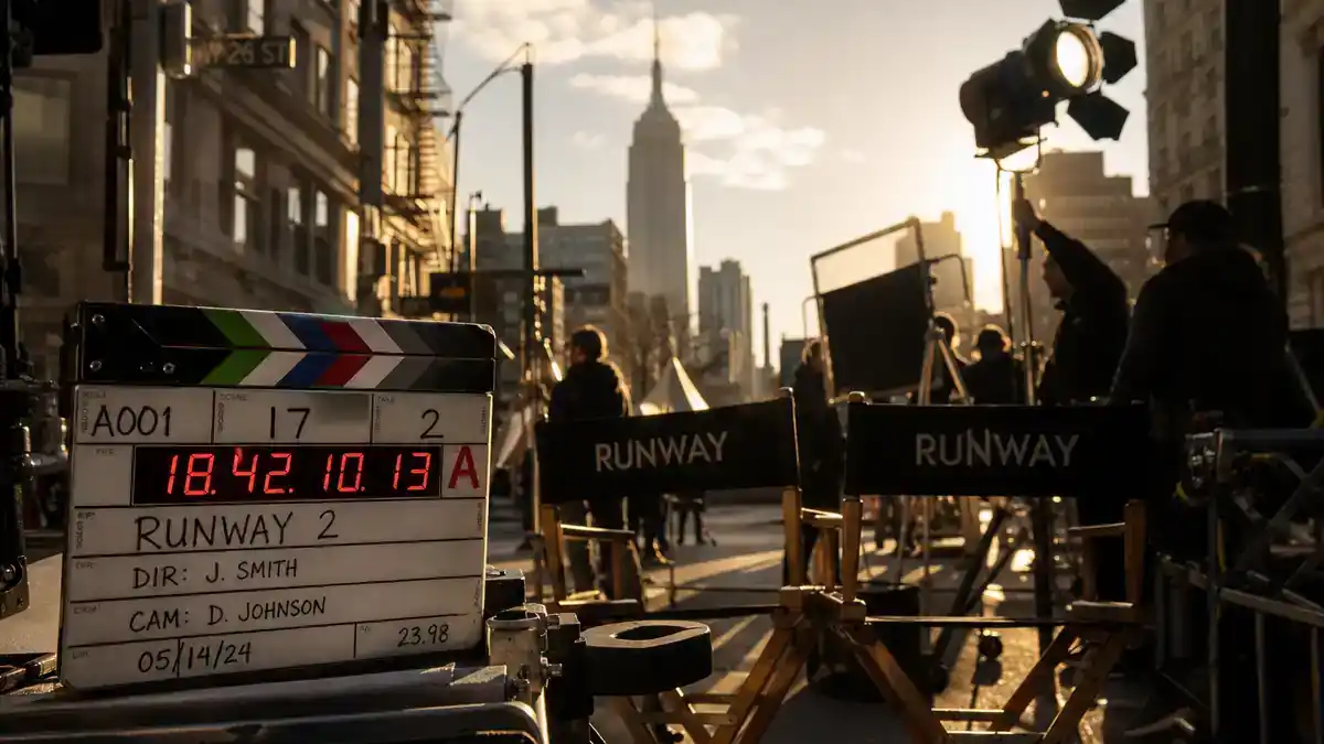 Devil Wears Prada 2 cast release date and plot — New York fashion film crew on street with clapperboard and director chairs, editorial production reference