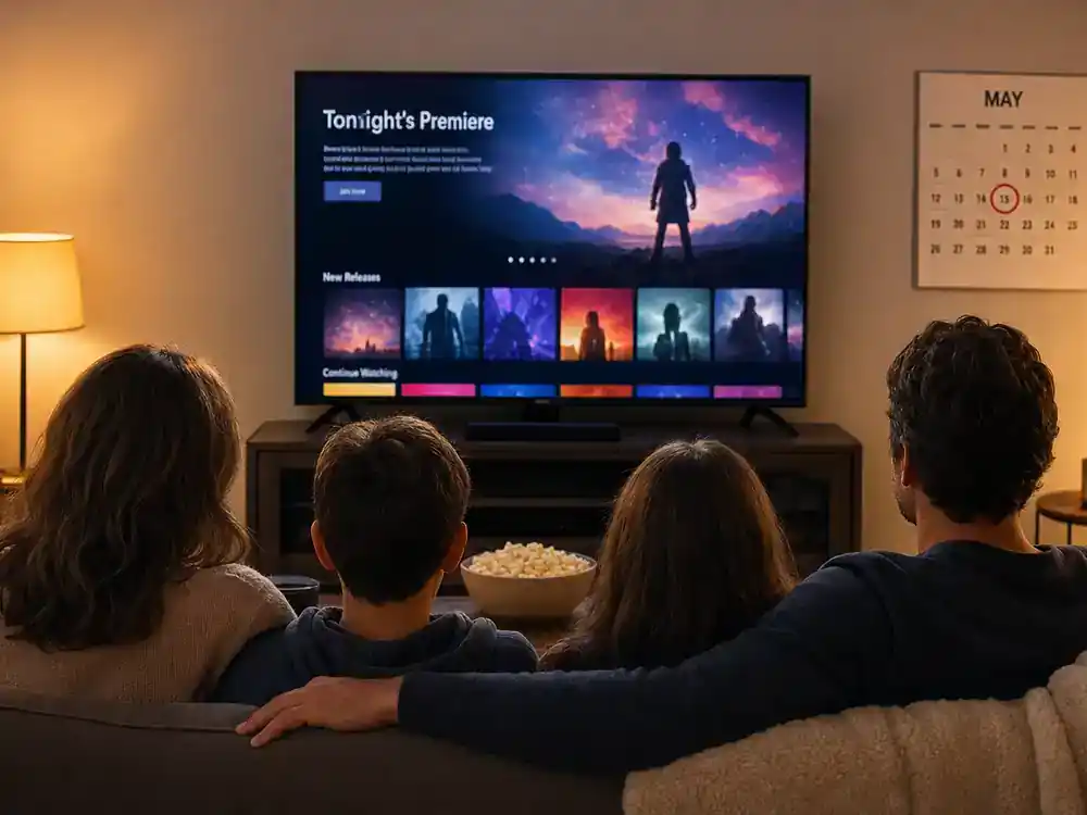 Devil Wears Prada 2 cast release date and plot May 2026 release — family watching premiere on living room TV from behind with May calendar visible