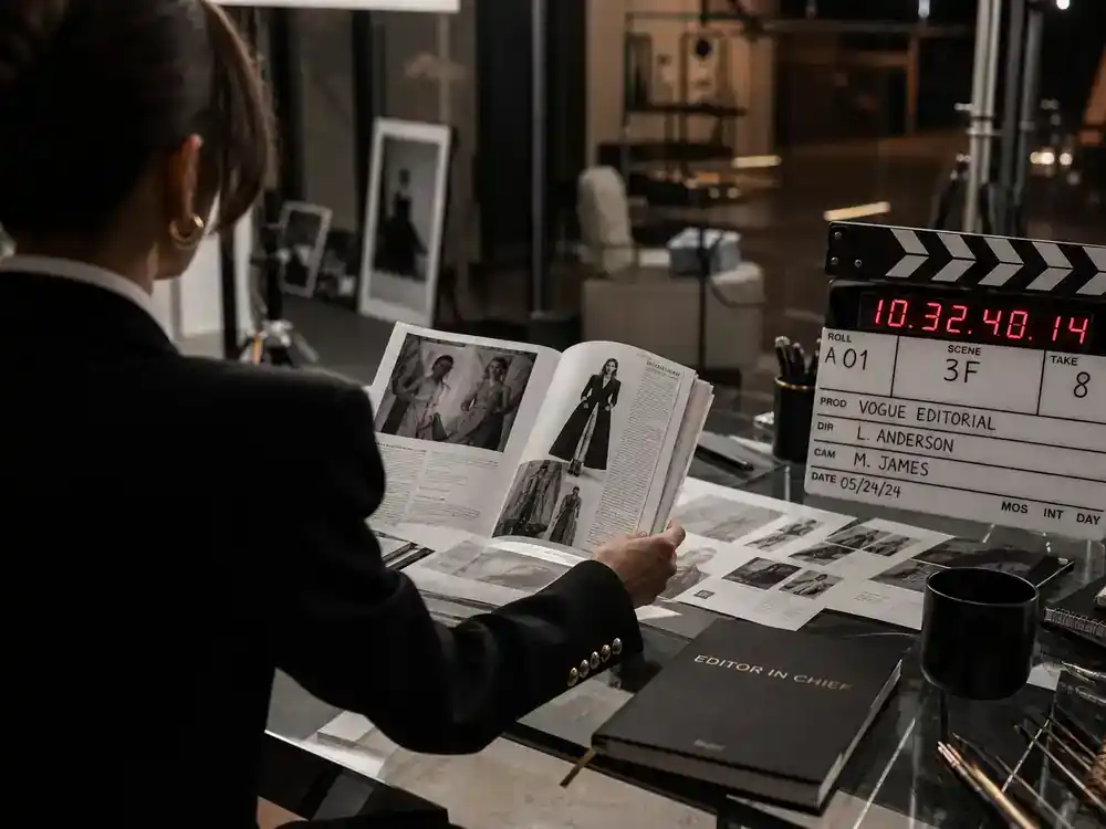 Devil Wears Prada 2 cast release date and plot Miranda Priestly — editor silhouette reviewing magazine layouts at glass desk on film set from behind