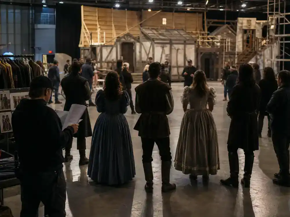 Disney live action remakes cast guide 2026 ensemble cast — performer silhouettes on soundstage from behind with costume racks and director reviewing script