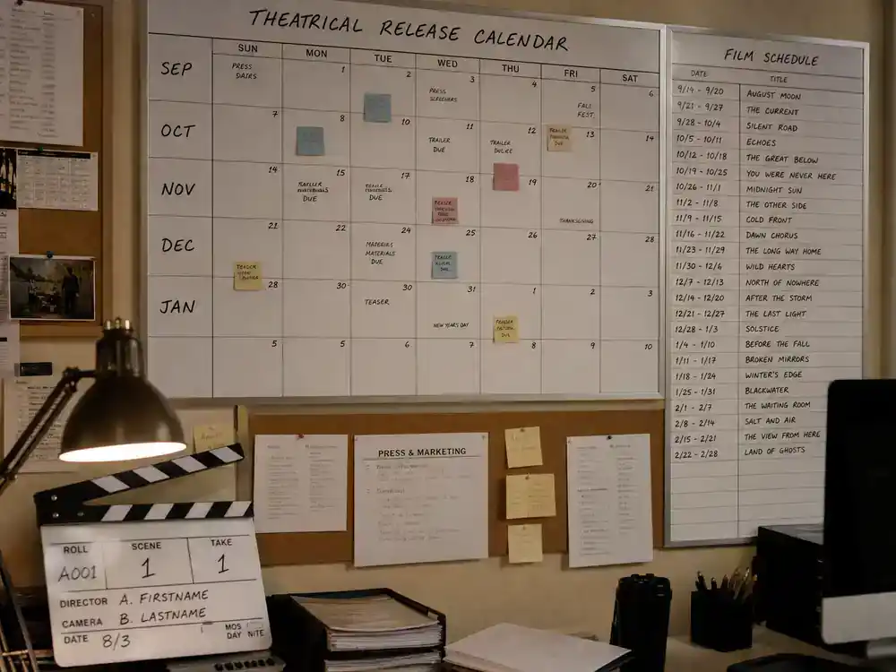 Disney live action remakes cast guide 2026 release calendar — production office wall with theatrical premiere dates and film schedule boards
