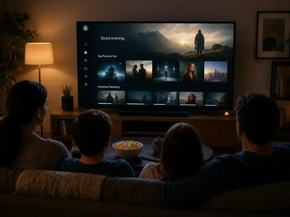 Disney live action remakes cast guide 2026 streaming — family silhouettes watching generic movie interface on TV in living room at night