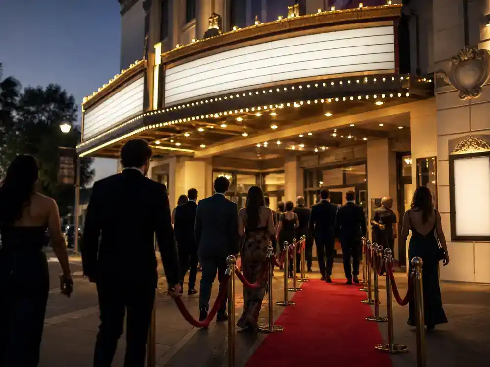 Disney Plus movies and shows July 2026 Devil Wears Prada 2 streaming — cinema marquee at dusk with audience silhouettes walking toward entrance from behind
