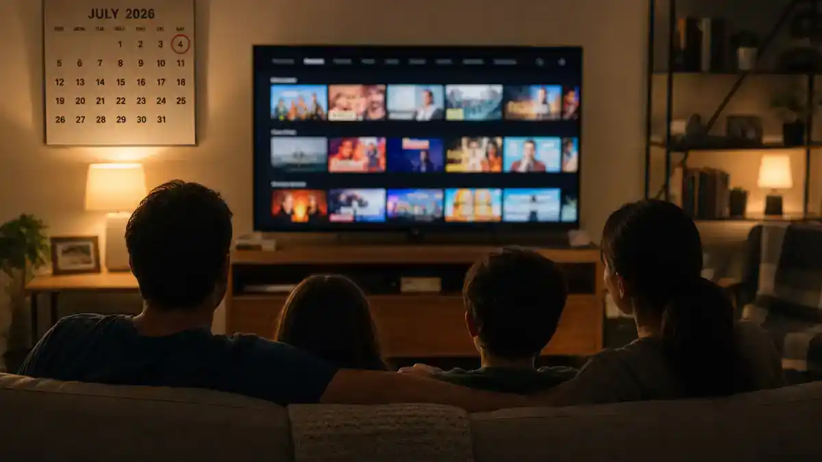 Disney Plus movies and shows July 2026 — family silhouettes watching generic streaming tiles on living room TV with July calendar, editorial reference