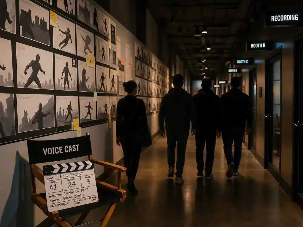 Disney Plus movies and shows July 2026 X-Men 97 season 2 — animation studio corridor with storyboard panels and performer silhouettes at recording booths
