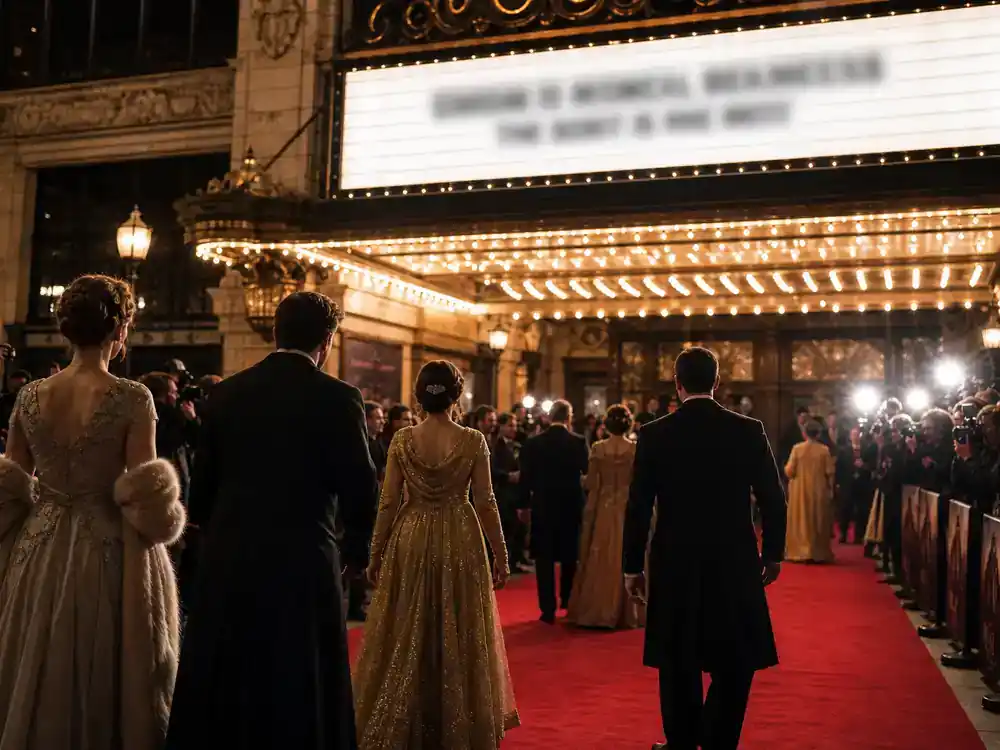 Downton Abbey cast and movie timeline guide 2019 movie — period drama film premiere night cast silhouettes from behind on red carpet toward historic cinema entrance with photographers flashing