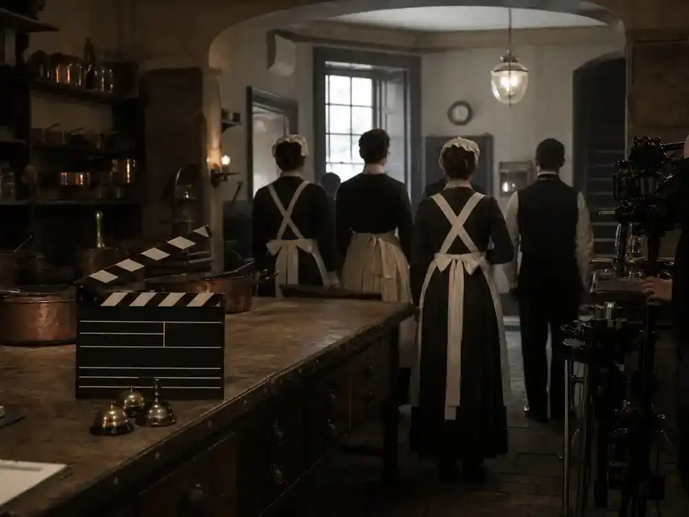 Downton Abbey cast and movie timeline guide downstairs staff — servant quarters kitchen TV drama cast silhouettes from behind with copper pots service bells and clapperboard on counter