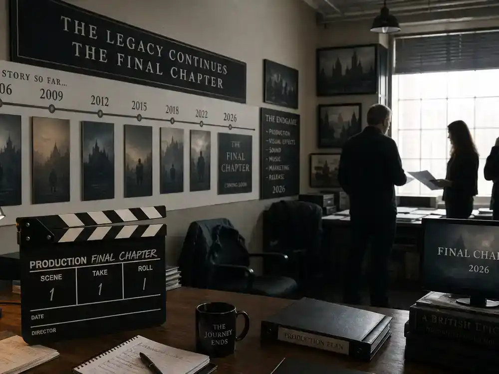 Downton Abbey cast and movie timeline guide Grand Finale — franchise film production office timeline wall chart with movie release years clapperboard and generic poster frames without readable art