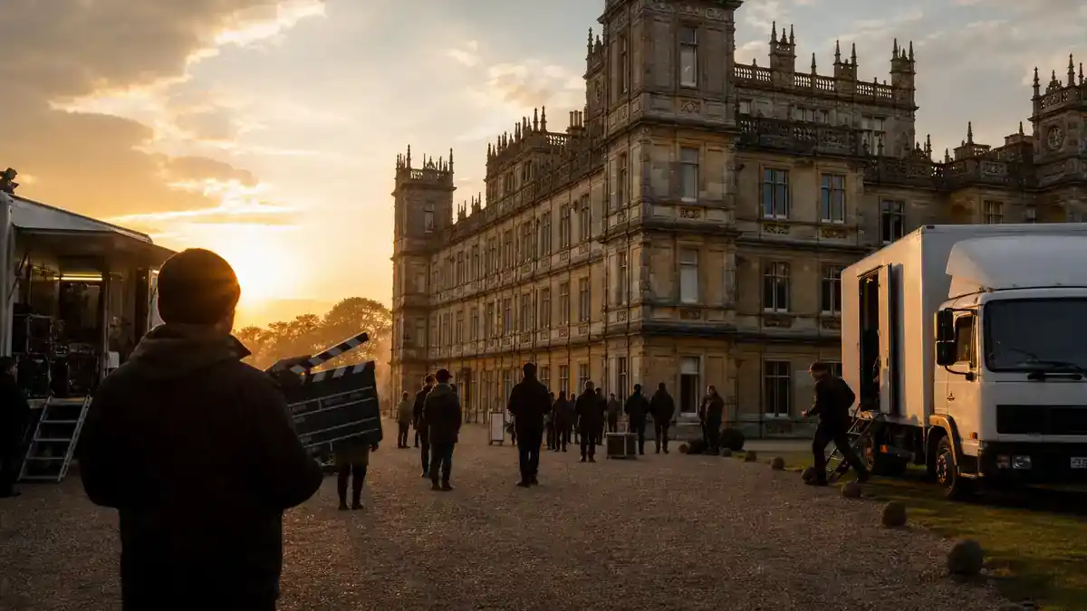 Downton Abbey cast and movie timeline guide — British period TV drama manor house film location at golden hour with production trucks clapperboard and crew silhouettes on gravel drive