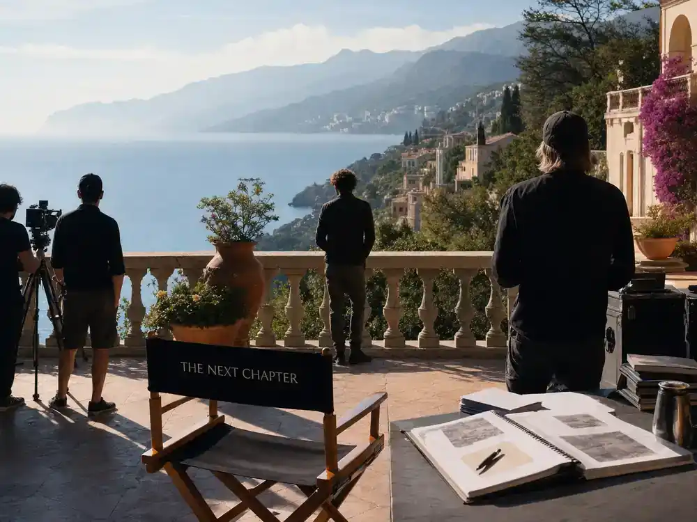 Downton Abbey cast and movie timeline guide A New Era — Mediterranean villa film location scouting with production crew silhouettes camera on terrace and director chair on sunny European set