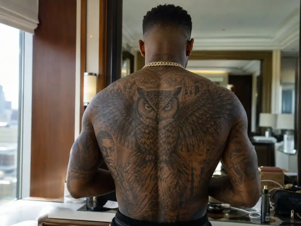 Drake tattoos and their meanings — massive owl back tattoo revealed from behind in hotel mirror reflection on musician