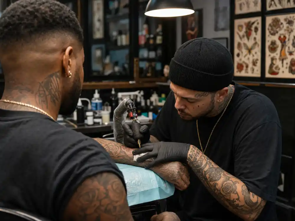 Drake tattoos and their meanings — tattoo artist working on client forearm in professional studio session with existing sleeve ink