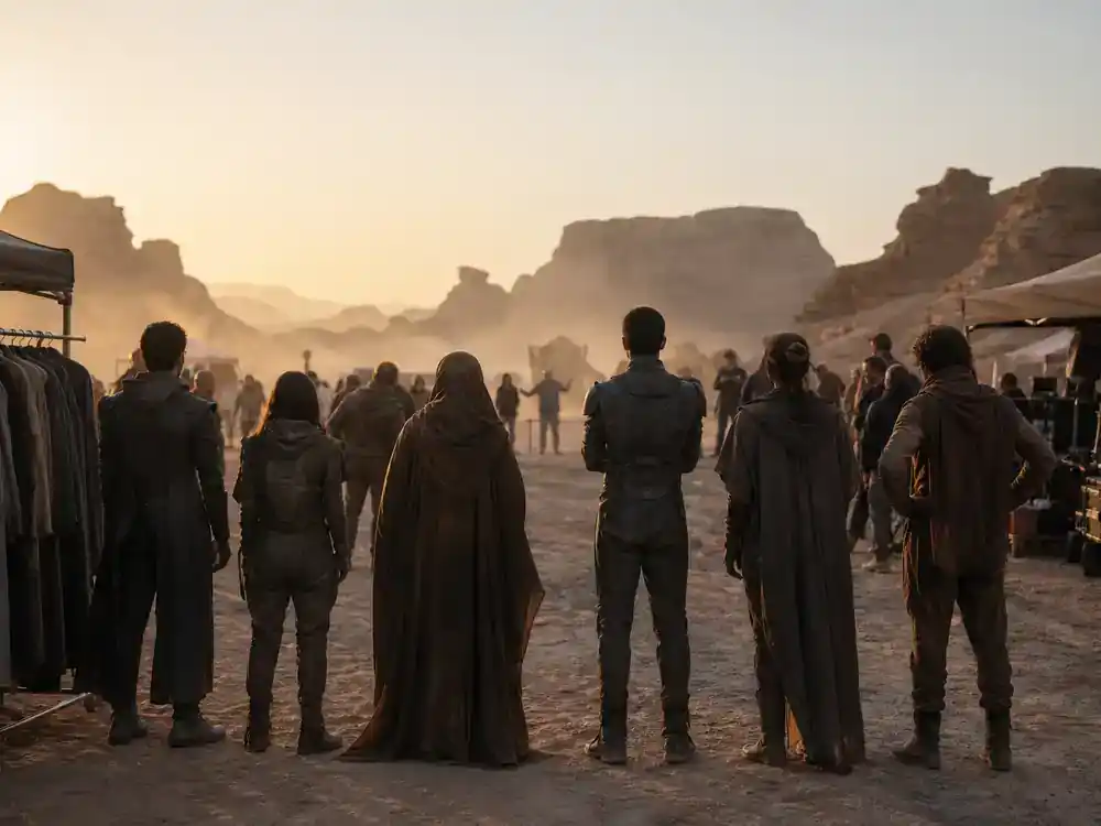 Dune Part Three filming updates and cast facts cast — sci-fi ensemble silhouettes from behind rehearsing on desert film set with wardrobe racks and production tents