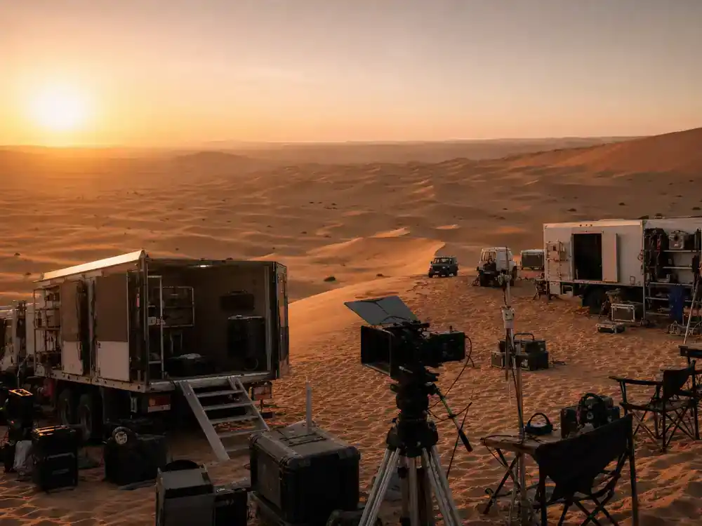 Dune Part Three filming updates and cast facts desert location — film crew on vast sand dunes at dawn with production trucks and camera equipment for epic location shoot
