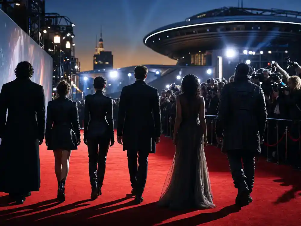 Dune Part Three filming updates and cast facts ensemble — sci-fi cast silhouettes from behind walking red carpet at evening premiere with photographers and camera flashes