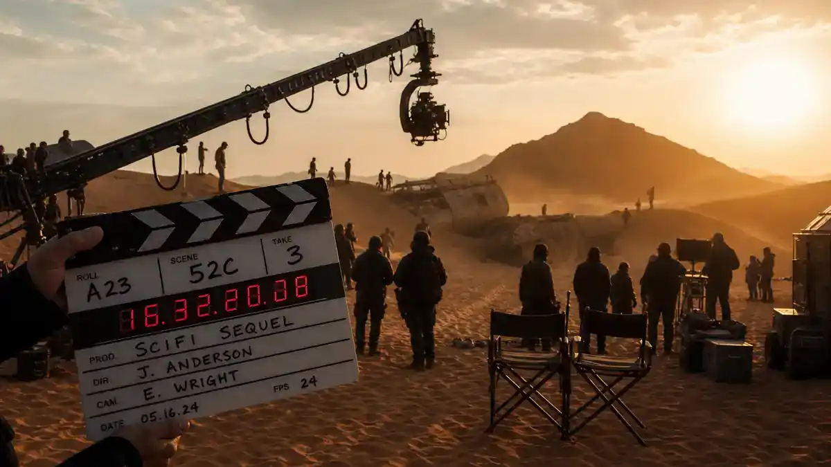 Dune Part Three filming updates and cast facts — epic desert film set at golden hour with camera crane clapperboard and crew silhouettes on sand dunes