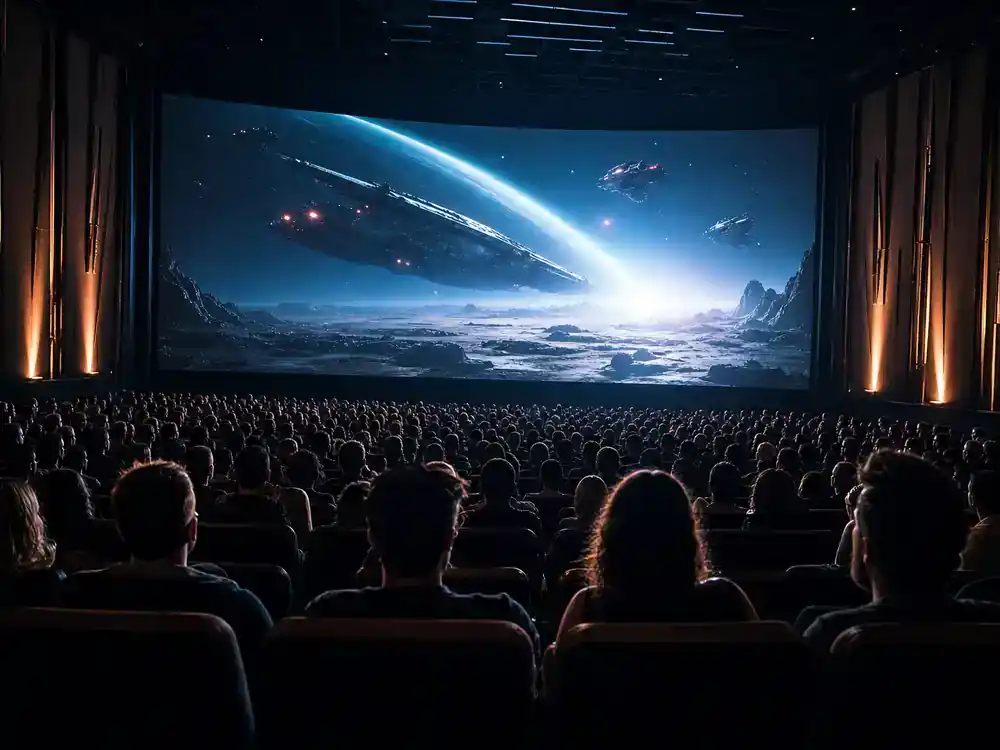 Dune Part Three filming updates and cast facts theatrical release — moviegoer silhouettes in IMAX auditorium facing bright cinema screen on premiere night from behind
