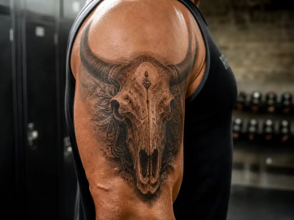Dwayne Johnson tattoos and their meanings — hyper-realistic Brahma bull skull tattoo on right upper arm close-up