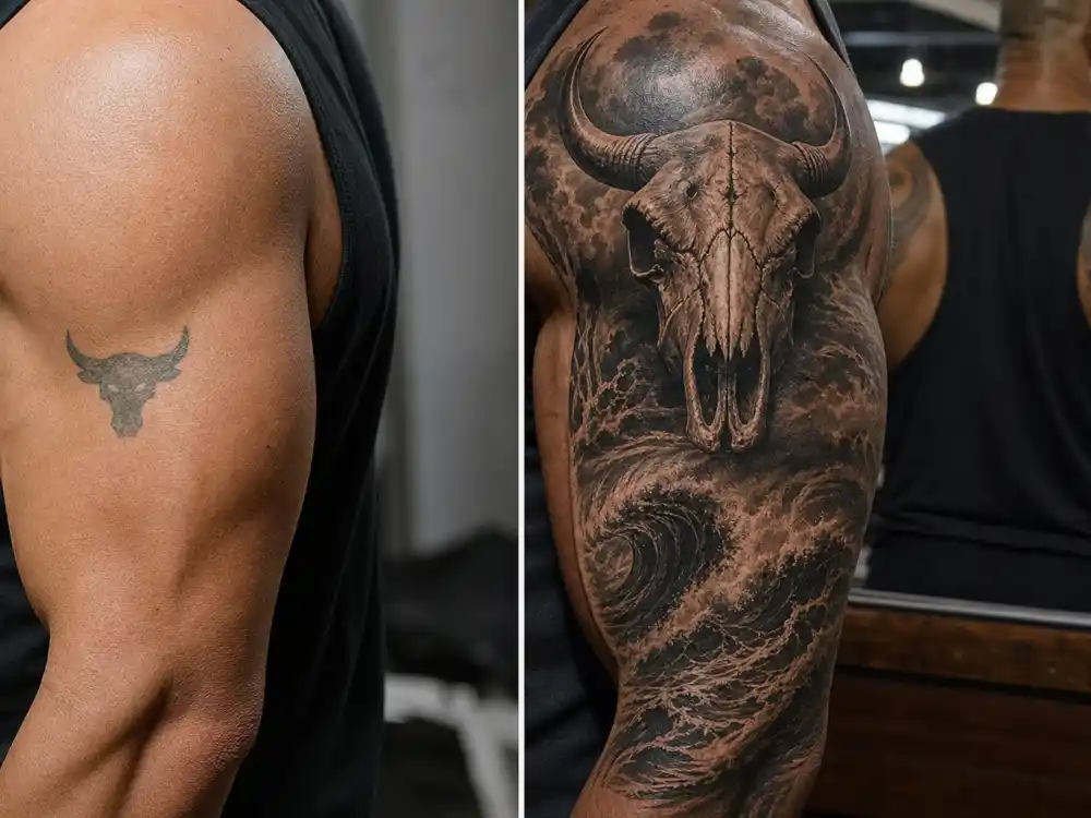 Dwayne Johnson tattoos and their meanings — Brahma bull tattoo evolution from small 1997 design to skull with ocean wave