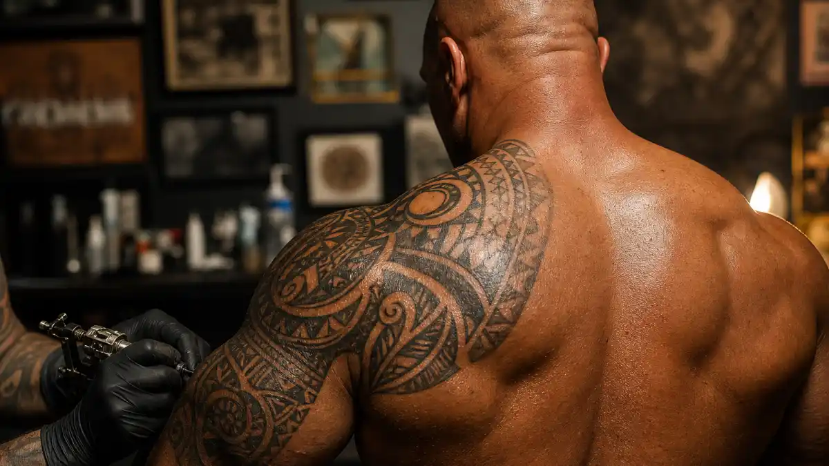Dwayne Johnson tattoos and their meanings — muscular actor seen from behind in tattoo studio with Polynesian tribal left arm and Brahma bull right arm ink visible