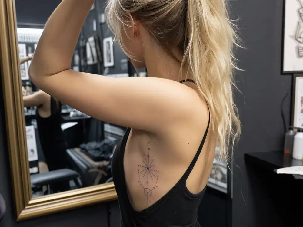 Ellie Goulding tattoos and their meanings galaxy — intricate geometric constellation fine-line tattoo on left ribcage at tattoo parlor mirror