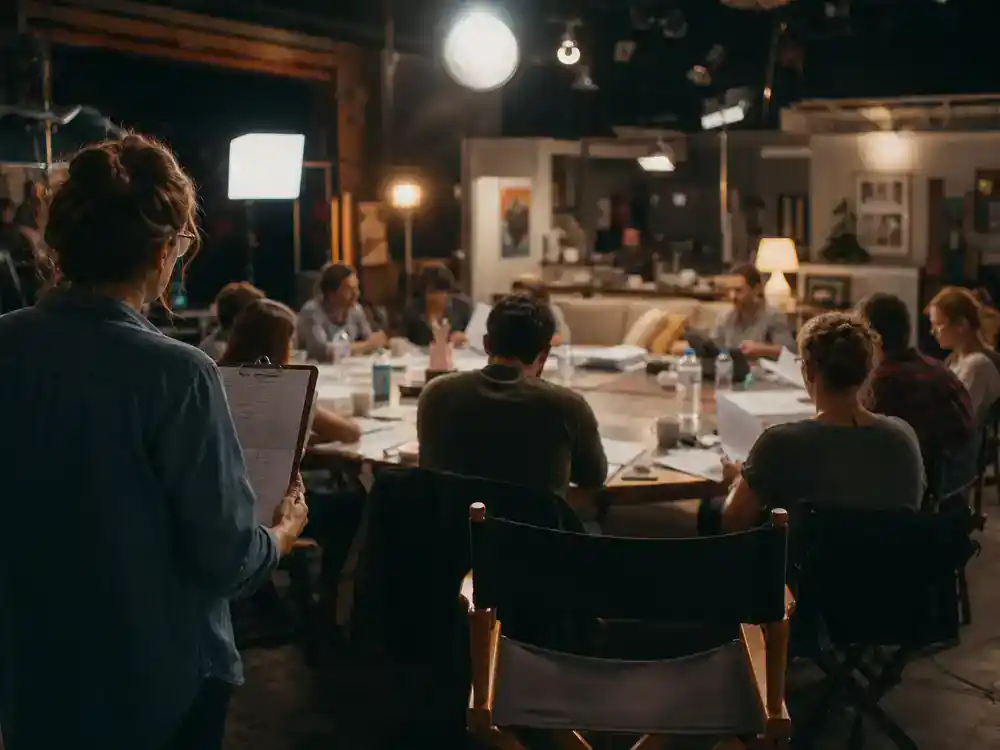 Emily in Paris season 5 cast and locations guide cast — romantic comedy TV drama ensemble silhouettes from behind at table read with casting director clipboard