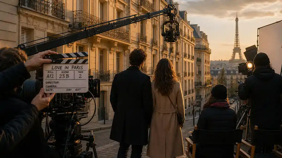 Emily in Paris season 5 cast and locations guide — European romantic comedy TV drama film set in Paris with camera crane clapperboard and crew silhouettes at golden hour