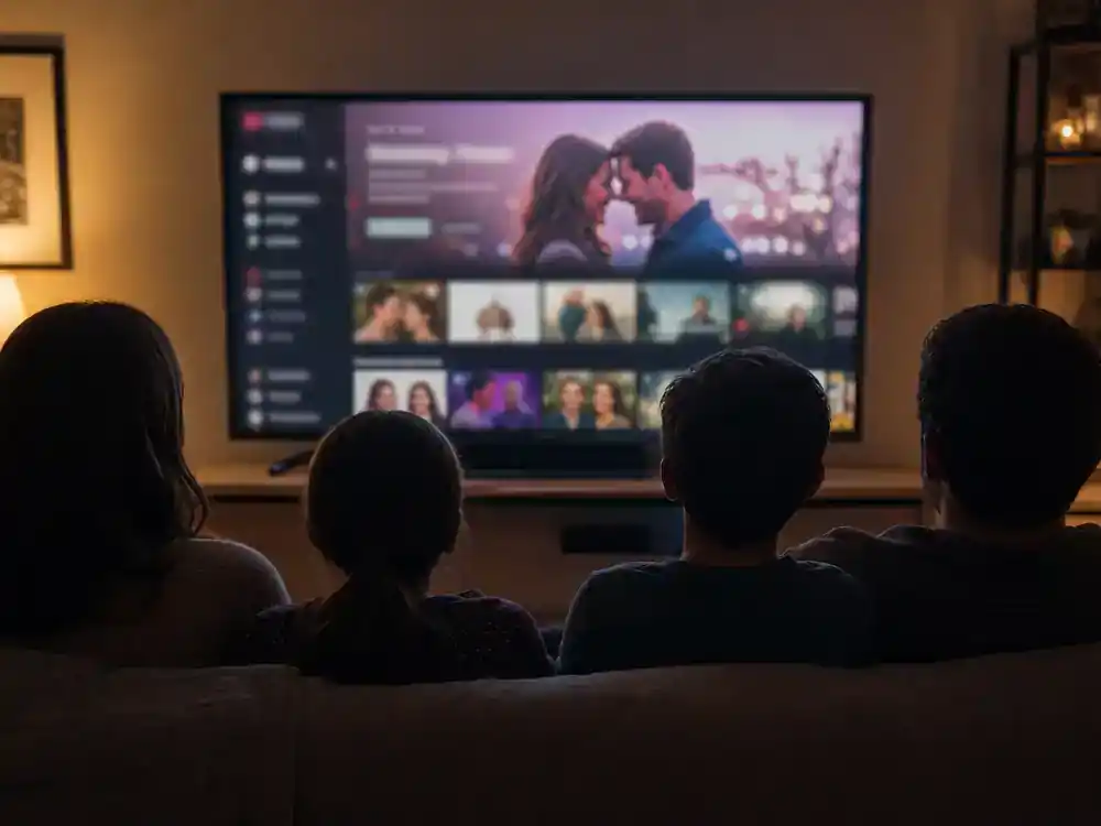 Emily in Paris season 5 cast and locations guide Netflix — family silhouettes watching romantic comedy TV on living room flat screen with generic blurred streaming interface