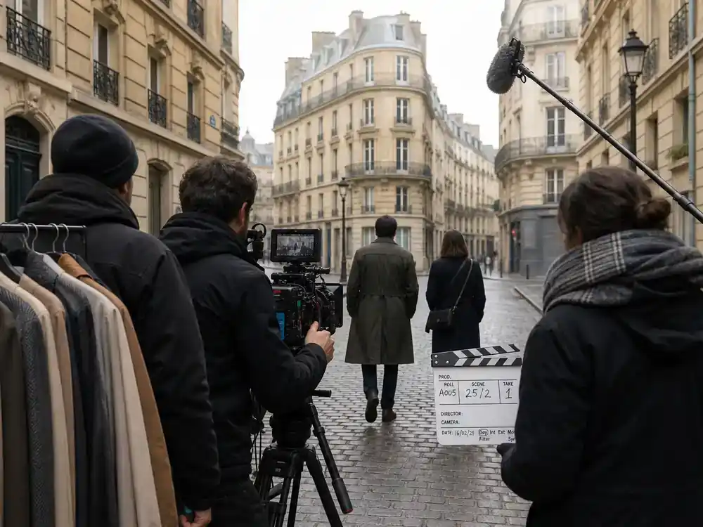 Emily in Paris season 5 cast and locations guide Paris — TV drama cast silhouettes from behind on Haussmann street film set with Place de l Estrapade style apartment exterior