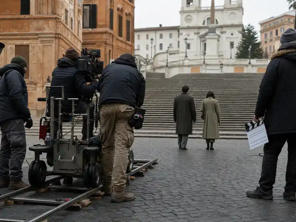 Emily in Paris season 5 cast and locations guide Rome — film crew on Spanish Steps style stone staircase location with camera dolly and clapperboard