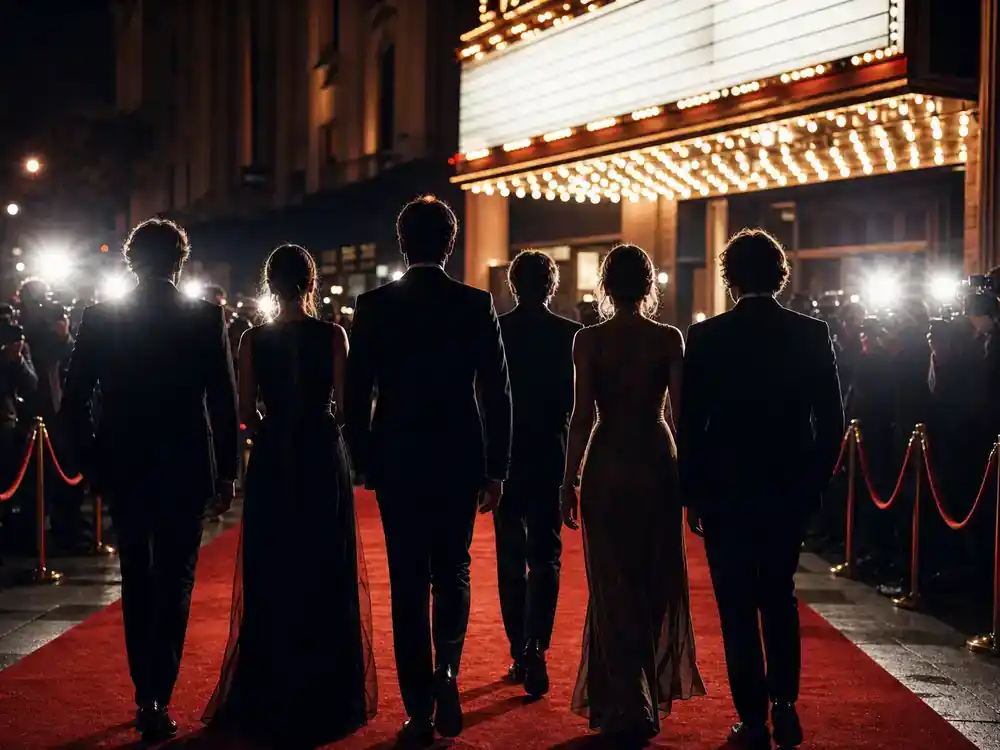 Euphoria season 3 cast and release updates ensemble — TV drama cast silhouettes from behind walking red carpet toward theater marquee at premiere night