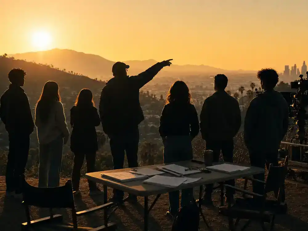 Euphoria season 3 cast and release updates ensemble — young adult TV drama cast silhouettes on outdoor Los Angeles film set at golden hour with director