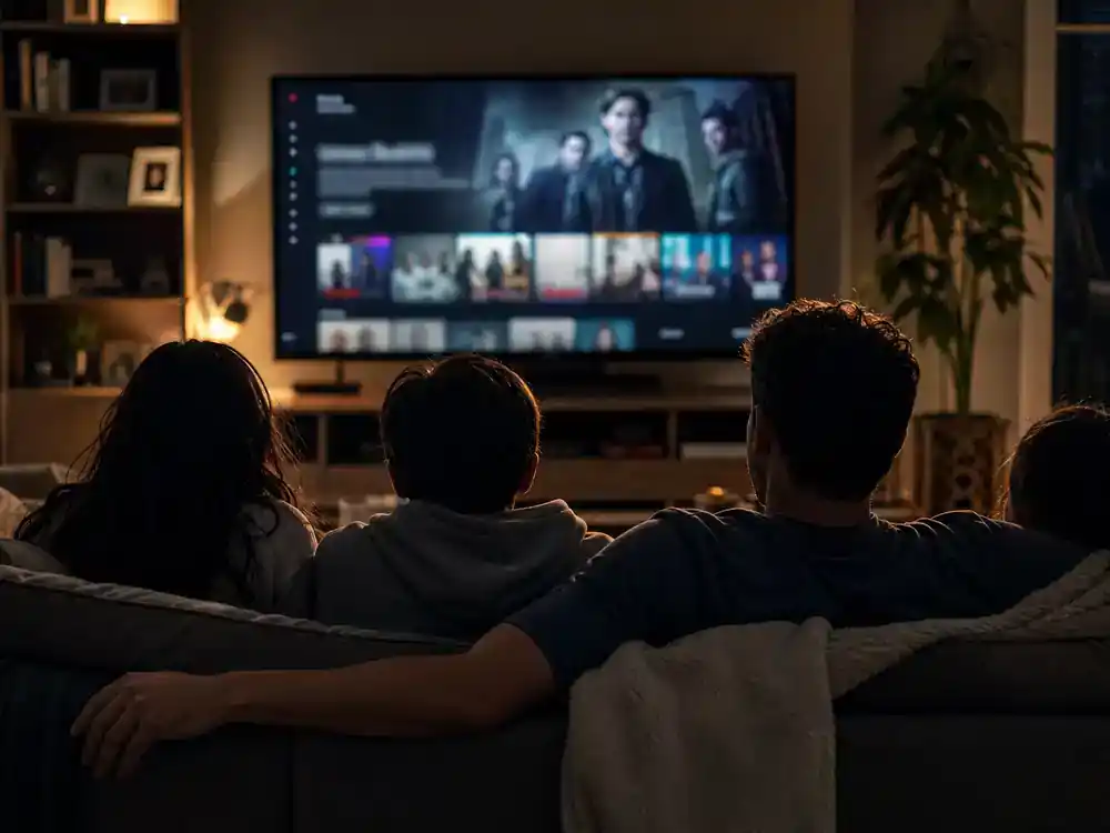 Euphoria season 3 cast and release updates streaming — family silhouettes watching premium TV drama on living room flat screen with generic blurred interface
